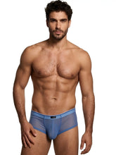 Blue microfiber mesh bikini brief with a dual-tone waistband and center Xtremen logo patch.