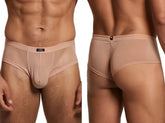 Xtremen beige mesh bikini briefs featuring a center-seam pouch and a small logo tag on the front and back waistbands.