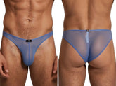 Blue mesh bikini brief by Xtremen with a sheer, translucent finish and a branded logo tag at the center waistband.
