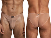 Xtremen nude mesh bikini brief with sheer fabric, front center label, and back waistband logo patch.