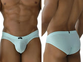 Light blue microfiber mesh briefs with a black xtremen brand tag at the waistband in color seawater