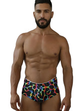 Xtremen 91283 rainbow printed microfiber briefs with rainbow leopard print, black spots, and a white waistband