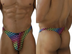 Rainbow-colored Xtremen 91284 microfiber thong with multicolored paw print pattern shown from the back side