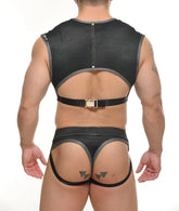 Yannick muscle top black denim-like fabric harness with gray trim and gold-toned buckle front view