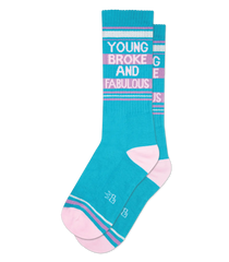 Teal and pink striped crew socks with young broke and fabulous printed in white for casual wear
