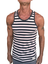 Yummy nautical fleece sustain tank top in black and white stripe featuring ribbed neckline and armholes