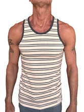 Men’s yummy nautical fleece sustain tank top in dark gray stripe with horizontal cream stripes and ribbed trim