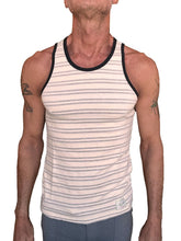 A men’s light gray stripe yokmun nautical fleece sustain tank top with cream and gray stripes and black ribbed edges