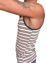 A navy stripe yummy nautical fleece sustain tank top with ribbed neckline in navy and off-white colors