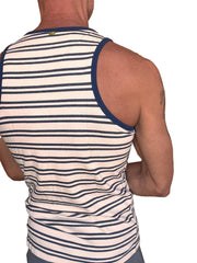 Yummy Nautical fleece sustain tank top navy stripe with navy and off-white stripes and ribbed blue trim neckline and armholes