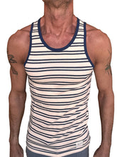 Navy and off-white striped Yummy Nautical Fleece Sustain tank top with ribbed neckline and sleeveless design