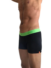Black zen boxer brief with bright green waistband featuring 4-rth logo and orange side tag front view