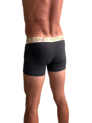 Zen boxer brief charcoal grey black heathered fabric with colorful geometric pattern waistband front view