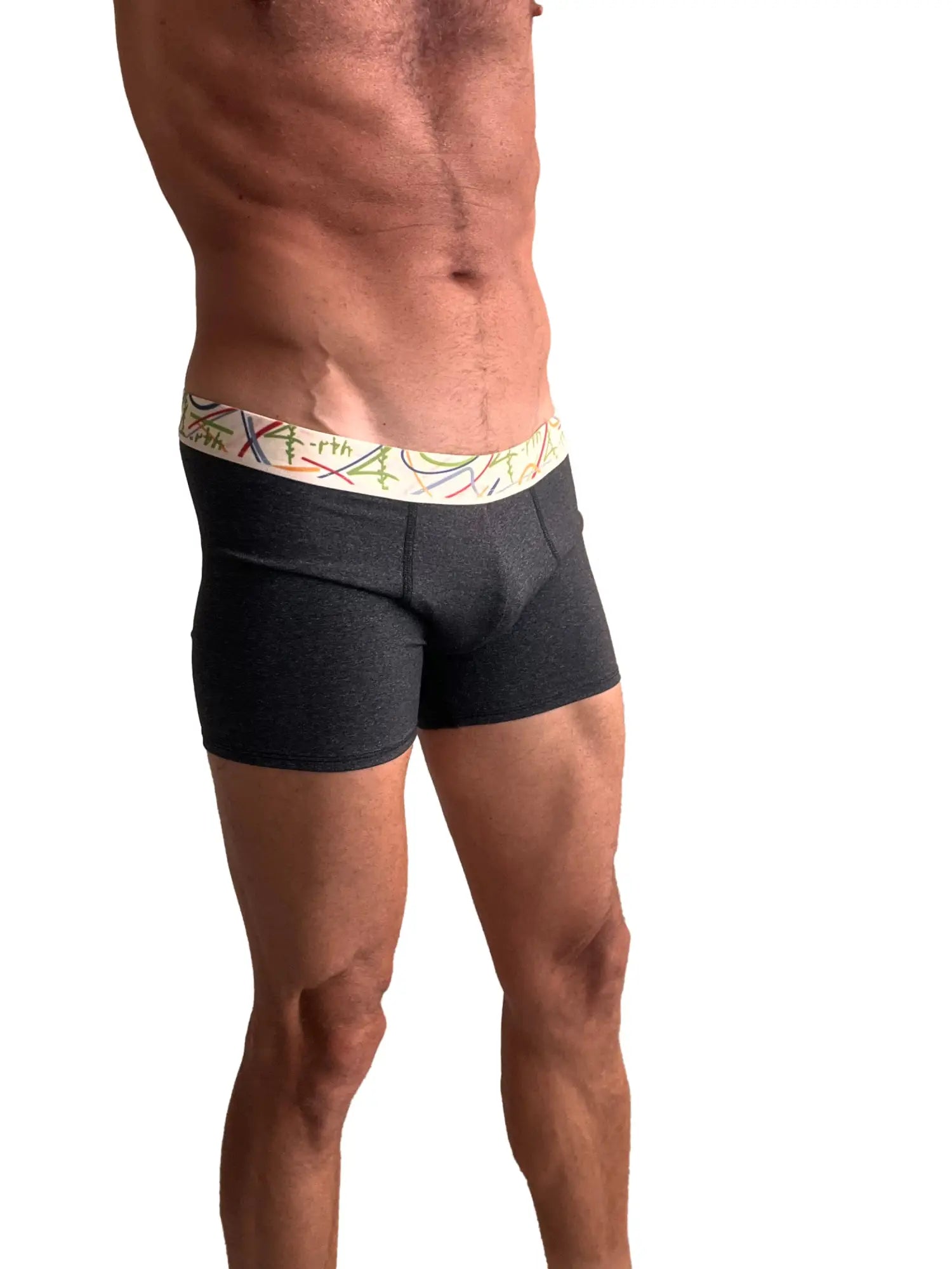 Zen boxer brief charcoal grey black textured briefs with colorful abstract patterned waistband and earth logo in green