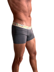 Gray textured zen boxer brief with colorful patterned waistband in charcoal grey stripe design