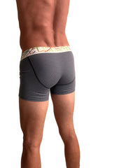 Zen boxer brief charcoal grey stripe with gray textured fabric and colorful patterned waistband for comfortable wear