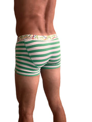 Green and white striped zen boxer brief with colorful patterned waistband ideal for comfortable everyday wear
