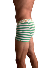 Green and white striped men’s boxer briefs with a colorful abstract waistband titled Zen boxer brief Nautical Green Stripe