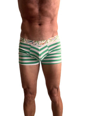 Zen boxer brief nautical green stripe green and white striped men’s underwear with colorful abstract waistband pattern