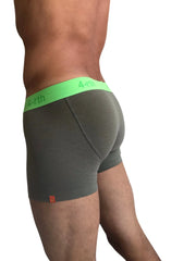 Gray zen boxer brief with bright green 4-rth waistband and orange leg tag in rainforest army green color scheme