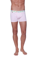 Light pink zen boxer brief with a colorful waistband featuring abstract green blue and red lines