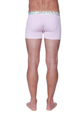 Pink boxer briefs with a colorful abstract waistband pattern from the zen boxer brief solid pink collection
