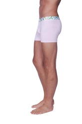 White zen boxer briefs with colorful patterned waistband featuring solid pink fabric for comfortable everyday wear