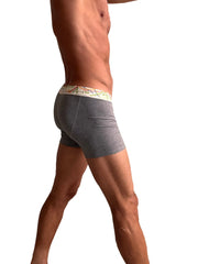 Zen boxer brief in steel heather grey featuring soft fabric and a patterned green red black waistband