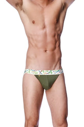 Zen jock strap forest green mens triangle underwear with colorful abstract waistband design in olive green