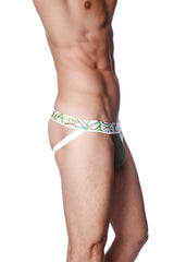 Olive green and white patterned zen jock strap briefs with colorful abstract waistband lines in forest green