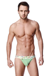 Light green striped zen jock strap briefs with colorful geometric patterned waistband for comfortable support