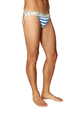 Blue and white striped men’s briefs with a colorful patterned waistband from the zen jock strap nautical blue collection