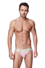 Pink striped men’s briefs with a colorful bamboo patterned waistband featured in the zen jock strap design