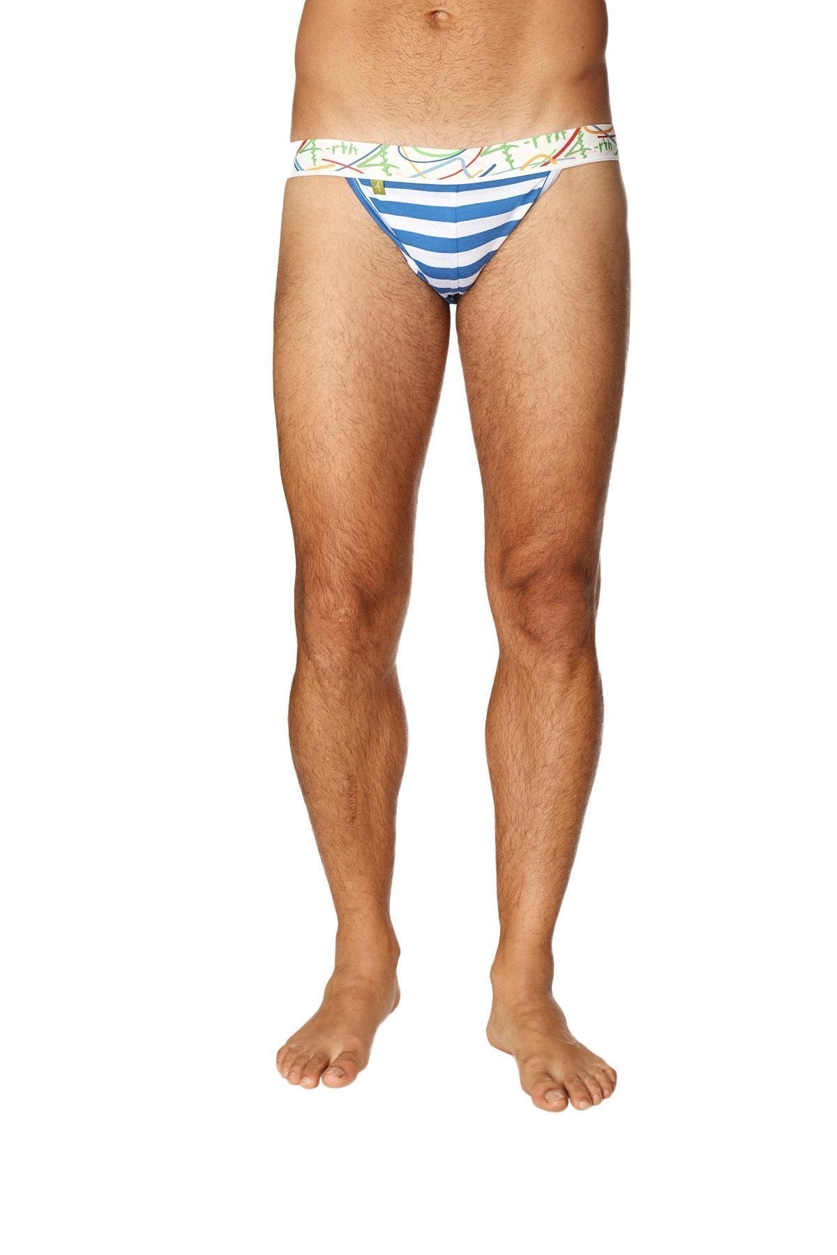 Blue and white striped men’s briefs with a colorful patterned waistband from zen jock strap nautical blue collection
