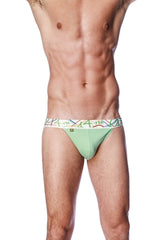 Green striped men’s briefs with colorful 14th patterned waistband from zen jock strap collection