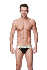 Black zen jock strap briefs with a green and blue patterned waistband designed for comfortable support