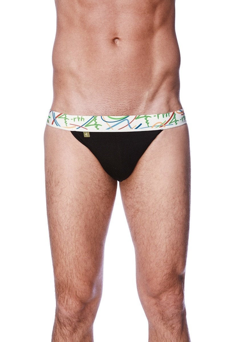 Black zen jock strap briefs with colorful abstract patterned waistband designed for comfort and style