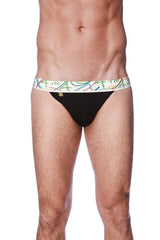 Black zen jock strap briefs with colorful abstract patterned waistband designed for comfort and style