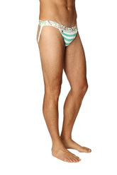 Green and white striped men’s briefs with colorful patterned waistband zen jock strap nautical green stripe