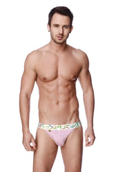 Pink striped men’s briefs with a colorful bamboo patterned waistband featured in the zen jock strap design