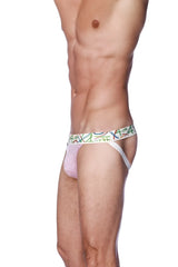 White and pink striped zen jock strap with colorful abstract waistband designed for comfortable support