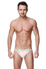 A light pink zen jock strap with a colorful geometric patterned waistband for comfortable support