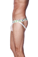 White athletic zen jock strap pink with colorful abstract line pattern on the waistband