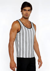 Black and white zigzag stripes open knit sleeveless tank top with rounded neckline