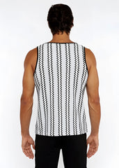 Black and white vertically striped knit tank top with zigzag textured wavy pattern in lightweight open knit fabric