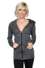 Charcoal zip-up long body travel hoodie jacket with deep v-neckline long sleeves and two front pockets