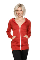 Red zip-up long body travel hoodie jacket with white zipper and front pockets designed for comfort and style
