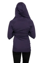 A dark purple zip-up long body travel hoodie jacket with long sleeves, hood, and gathered waistband in eggplant purple