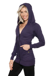 A deep purple zip-up long body travel hoodie jacket with hood long sleeves and front pockets