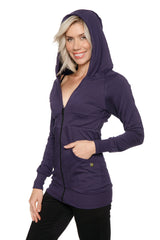 A deep purple zip-up long body travel hoodie jacket with hood long sleeves and front pockets
